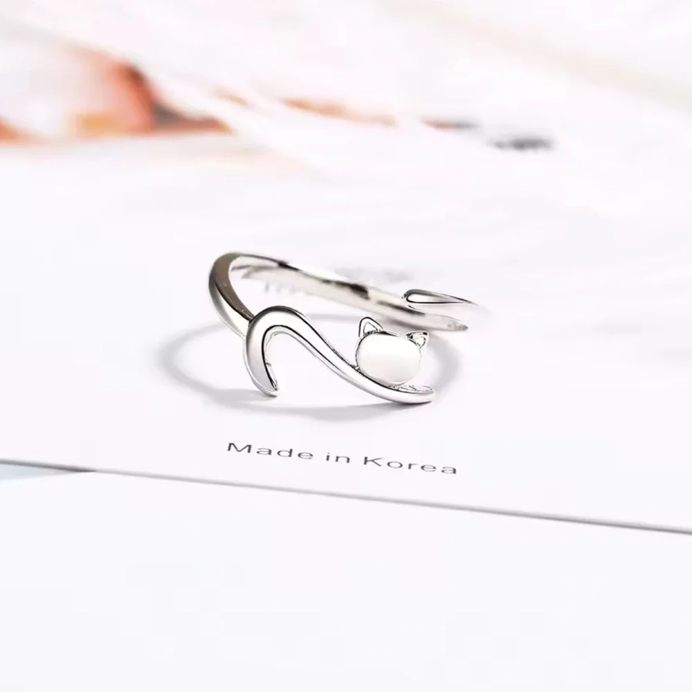 925 Sterling Silver Sticky Cat With Long Tail Finger Ring. Adjustable Ring